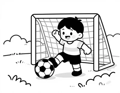 Disegno da colorare con un bambino in maglia a strisce che calcia un pallone verso una porta da calcio su un prato assolato.