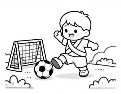 Disegno da colorare di un bambino con la maglia a fascia diagonale che calcia un pallone verso una piccola porta in un parco soleggiato.