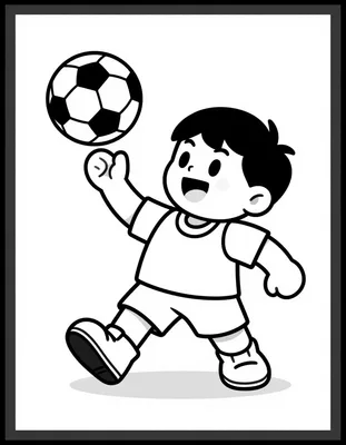 Disegno da colorare con un bambino in divisa azzurra che palleggia con un pallone da calcio sul campo