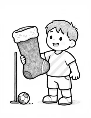 Disegno da colorare con un bambino sorridente che tiene una calza di Natale a forma di scarpino da calcio accanto a una piccola porta e a un pallone.