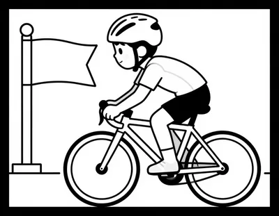 Disegno da colorare con un bambino ciclista con casco e maglia da corsa che pedala verso la linea del traguardo.