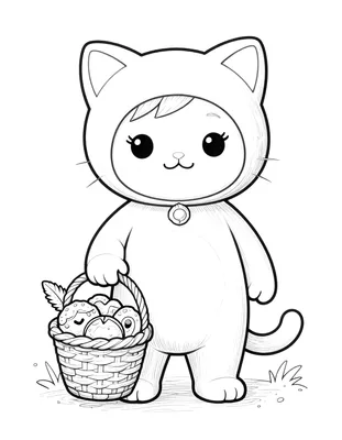 Disegno da colorare con un bambino in costume da gatto che tiene un cesto pieno di dolcetti e caramelle.