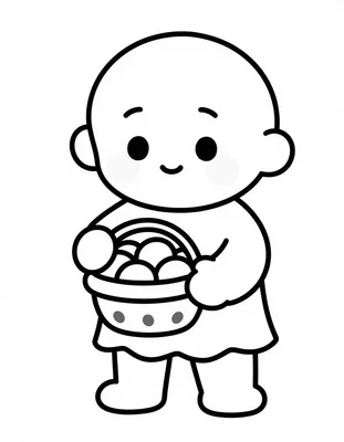 Disegno da colorare con un bambino vestito da fantasma che tiene in mano un cestino pieno di caramelle.