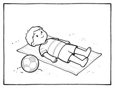 Disegno da colorare con un bambino rilassato su un telo da mare, con un pallone da calcio e un castello di sabbia accanto