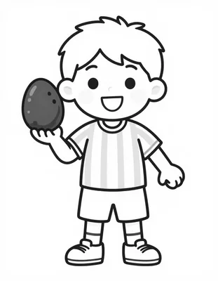 Disegno da colorare con un bambino sorridente in maglia a strisce che tiene in mano un grande uovo di cioccolato, con un pallone accanto.