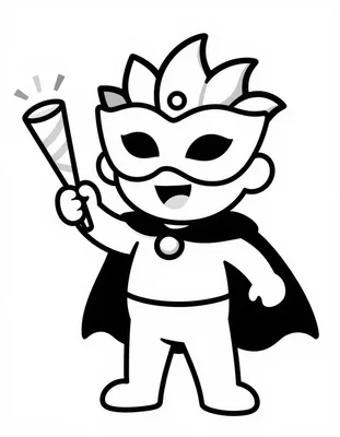 Disegno da colorare di un bambino felice con maschera veneziana, mantello e cono di coriandoli in mano.