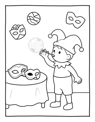 Disegno da colorare con un bambino vestito da giullare che soffia una bolla di sapone accanto a un tavolo con maschere veneziane