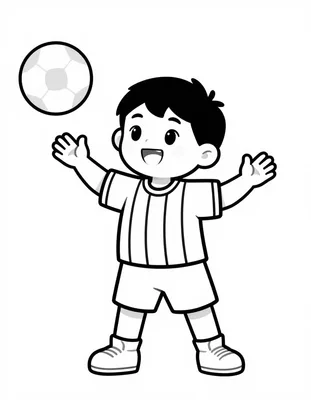 Disegno da colorare di un bambino sorridente con la maglia a strisce bianche e nere che palleggia con un pallone da calcio.