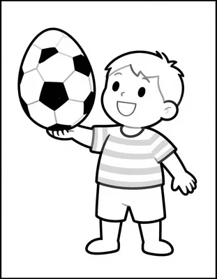 Disegno da colorare con un bambino felice in maglietta a righe che tiene in mano un grande pallone da calcio.
