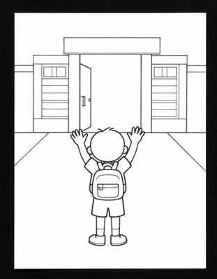 Disegno da colorare di un bambino con lo zaino che saluta a braccia alzate davanti al cancello della scuola