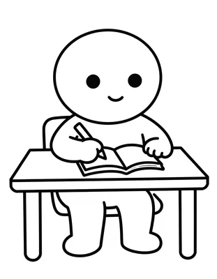 Disegno da colorare con un bambino seduto al banco di scuola che scrive sul quaderno con una matita