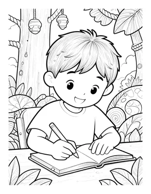Disegno da colorare con un bambino sorridente che scrive con una matita su un quaderno aperto, circondato da foglie e alberi.