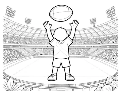 Disegno da colorare di un bambino con la maglia a fascia rossonera che palleggia un pallone da calcio al centro di uno stadio pieno di tifosi.