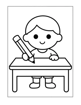Disegno da colorare con un bambino seduto al banco di scuola che tempera una matita gigante con il temperino.