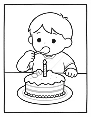 Disegno da colorare di un bambino con la maglietta a tracolla che mangia una fetta di torta di compleanno a forma di stadio, con un pallone sul tavolo.
