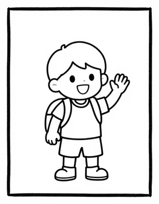 Disegno da colorare con un bambino felice che indossa lo zaino e saluta con la mano davanti al cancello della scuola
