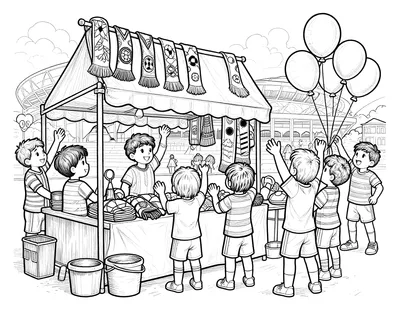 Disegno da colorare con una bancarella di sciarpe e palloncini davanti allo stadio, con bambini in maglia a strisce che festeggiano