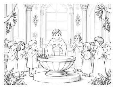 Disegno da colorare di un battesimo in chiesa con il sacerdote, il fonte battesimale a conchiglia e tanti bambini in preghiera.