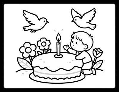 Disegno da colorare con un bambino che soffia la candela su una torta di battesimo bianca, circondata da fiori e con due colombe in volo