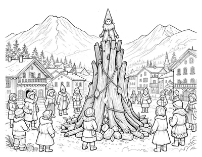 Disegno da colorare con la Befana in cima a un grande falò acceso al centro di una piazza di montagna, con abitanti in cappotto e case innevate.