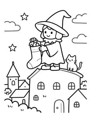 Disegno da colorare con la Befana sorridente su un tetto che riempie una calza appesa, mentre un gatto curioso la osserva sopra un paese stellato.