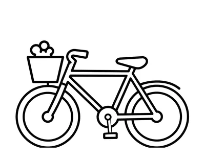 Disegno da colorare di una bicicletta vista di lato con due ruote rotonde e un cestino pieno di fiori sul manubrio.