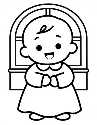 Disegno da colorare di un bimbo sorridente con un abito bianco da battesimo, le mani giunte davanti a una finestra ad arco