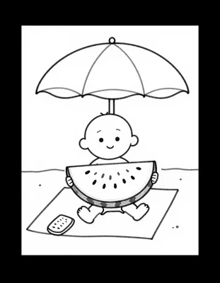Disegno da colorare di un bambino seduto su un telo da mare che tiene una grande fetta di anguria sotto un ombrellone.