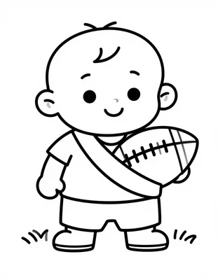 Disegno da colorare di un bambino in divisa con una fascia a tracolla che abbraccia un grande pallone da calcio.