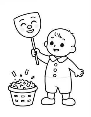 Disegno da colorare con un bambino che tiene in mano una maschera di Pierrot su un bastoncino accanto a un cestino pieno di coriandoli.