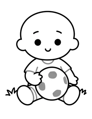 Disegno da colorare di un bambino seduto sull'erba che tiene in braccio un grande pallone da calcio.