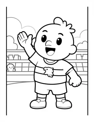 Disegno da colorare con un calciatore sorridente che saluta i tifosi sugli spalti, indossa una maglia a strisce e una fascia con l'aquila sul braccio.