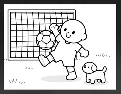 Disegno da colorare con un calciatore sorridente in maglia a strisce che calcia un pallone davanti alla porta, mentre un cagnolino lo guarda dall'erba.