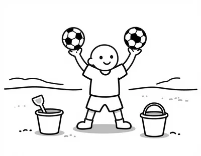 Disegno da colorare con un bambino calciatore che tiene in alto due palloni sulla spiaggia, tra secchielli e paletta.