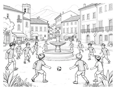 Disegno da colorare con una partita di calcio in una piazza italiana, bambini in maglia a strisce bianche e nere vicino a una fontana