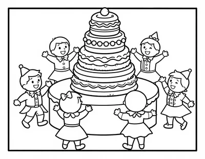 Disegno da colorare con bambini vestiti da Arlecchino e Colombina che ballano intorno a una grande pila di frittelle colorate su un banco del mercato.