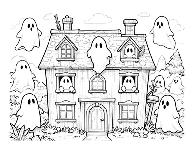 Disegno da colorare di una casa infestata con fantasmi simpatici che si affacciano dalle finestre e fluttuano intorno
