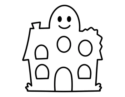 Disegno da colorare di una casetta stregata con finestre rotonde e una luna sorridente sopra il tetto.