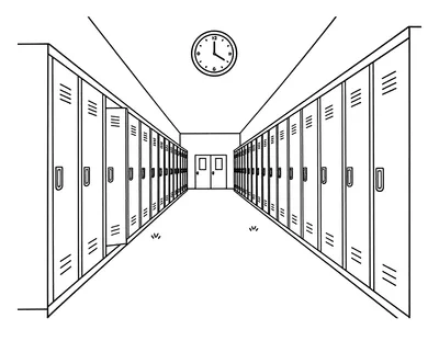 Disegno da colorare di un corridoio scolastico con due file di armadietti, un orologio tondo sulla parete e una porta in fondo.