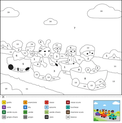 Disegno da colorare con i numeri che mostra bambini in maschera con coriandoli e carri colorati durante una sfilata di Carnevale in piazza.