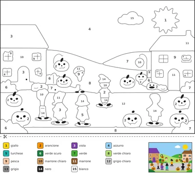 Disegno da colorare con i numeri che mostra bambini in costume da Halloween che fanno dolcetto o scherzetto tra le case di un villaggio, con zucche intagliate e lanterne di carta.