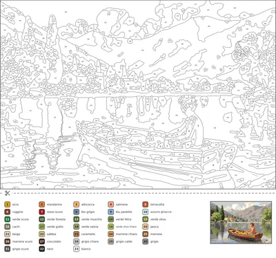 Disegno da colorare con i numeri che mostra un lago di montagna all'alba con una barca a remi ormeggiata sulla riva, cipressi e un borgo in pietra sulla collina.