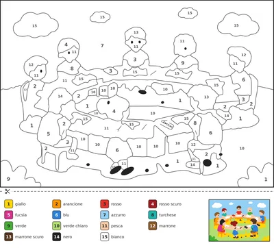 Disegno da colorare con i numeri che mostra bambini seduti al banco il primo giorno di scuola, con astuccio, matite, gomma, libri e zaino