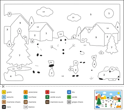 Disegno da colorare con i numeri che mostra bambini in giacca invernale che costruiscono un pupazzo di neve in piazza, con albero di Natale e neve che cade.