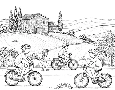 Disegno da colorare di una famiglia in bicicletta davanti a un casale toscano in pietra, con cipressi, girasoli e colline.