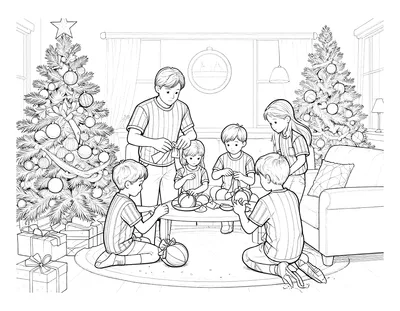 Disegno da colorare di una famiglia in salotto a Natale con maglie a strisce nerazzurre che scarta regali vicino all'albero