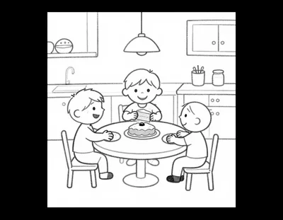 Disegno da colorare con tre bambini seduti a tavola che condividono una torta dell'Epifania in cucina.