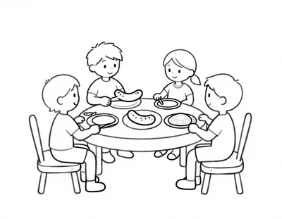 Disegno da colorare con una famiglia di quattro persone seduta a un tavolo rotondo che mangia salsicce e polenta durante il Ferragosto.