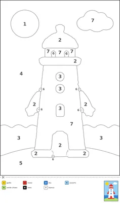 Disegno da colorare con i numeri che mostra un grande faro sorridente su uno scoglio, con onde, una nuvola e una piccola barca a vela.