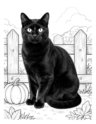 Disegno da colorare con un gatto nero seduto su una staccionata di legno accanto a una zucca, con nuvole e cespugli sullo sfondo.